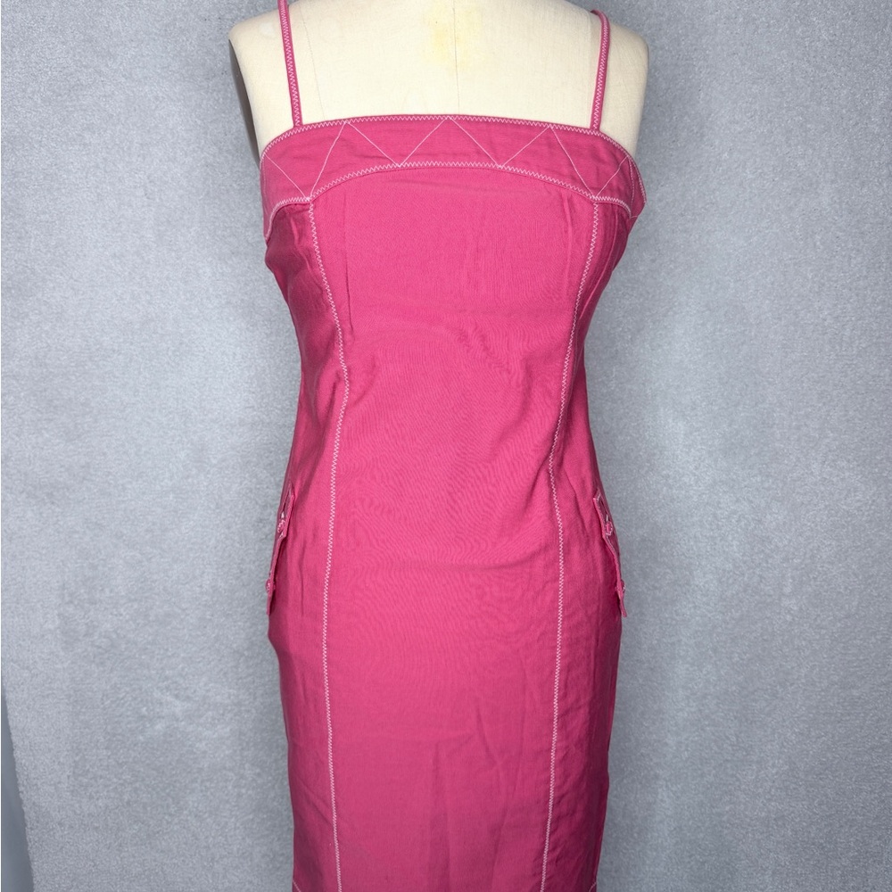 Tomato Washed Red Spaghetti-Strap Sheath Dress w/ Chainstitching